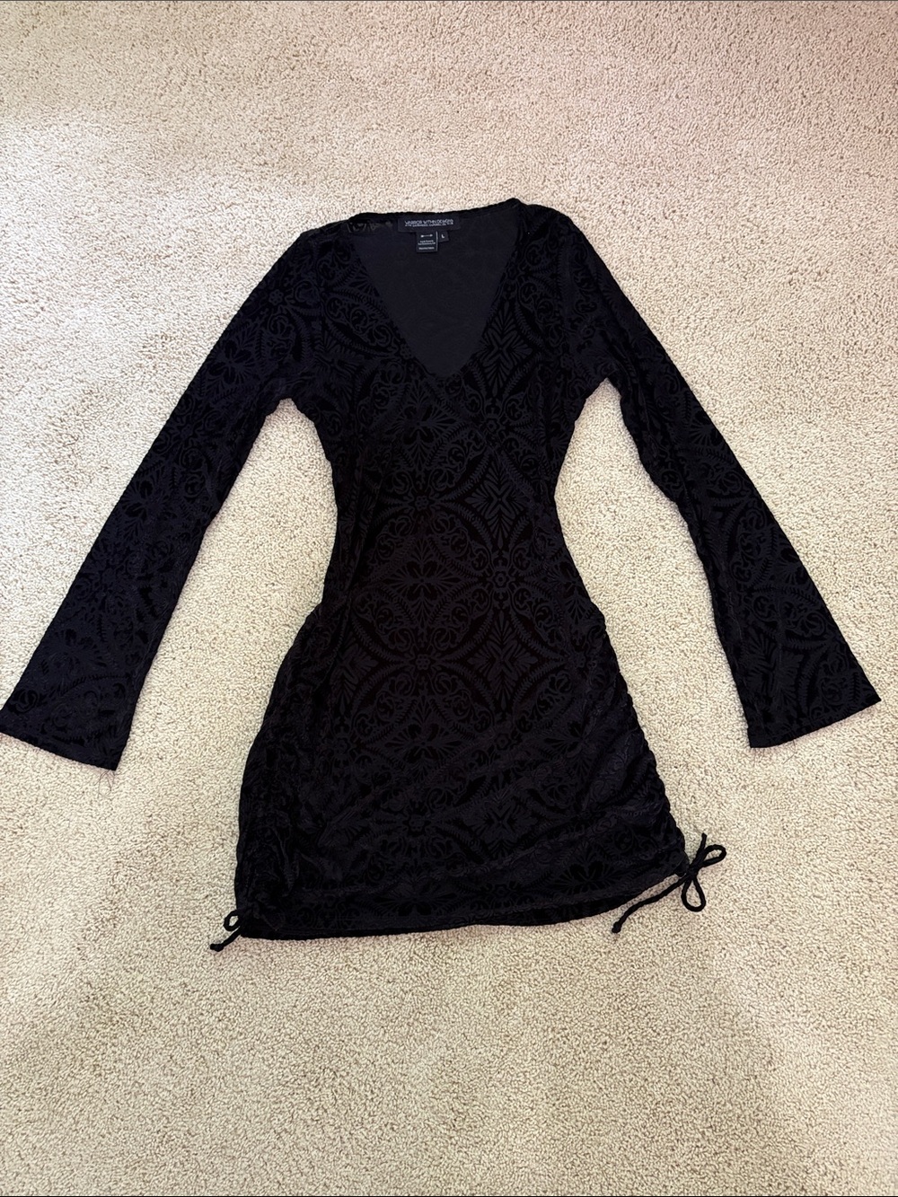 Warrior within designs Black Velvet Burnout V-Neck Mini Dress with Bell Sleeves